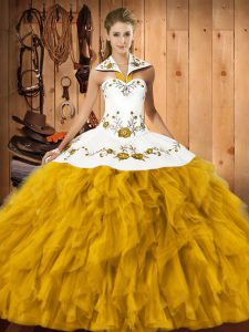New Arrival Gold Satin and Organza Lace Up Halter Top Sleeveless Floor Length Sweet 16 Quinceanera Dress Embroidery and Ruffles