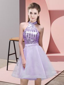 Dramatic Lavender A-line Halter Top Sleeveless Chiffon Mini Length Backless Sequins Dama Dress for Quinceanera