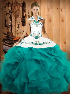 Teal Sleeveless Embroidery and Ruffles Floor Length 15 Quinceanera Dress
