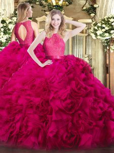 Floor Length Hot Pink Quinceanera Gowns Fabric With Rolling Flowers Sleeveless Lace