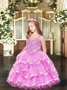 Rose Pink Spaghetti Straps Neckline Appliques and Ruffled Layers Little Girls Pageant Gowns Sleeveless Lace Up