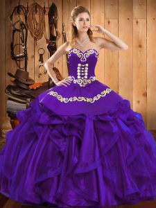 Sleeveless Organza Floor Length Lace Up Sweet 16 Dresses in Purple with Embroidery and Ruffles