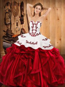 Wine Red Lace Up Strapless Embroidery and Ruffles Sweet 16 Quinceanera Dress Satin and Organza Sleeveless