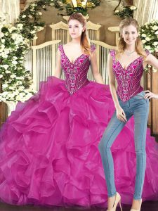 Fuchsia Organza Lace Up V-neck Sleeveless Floor Length 15 Quinceanera Dress Ruffles