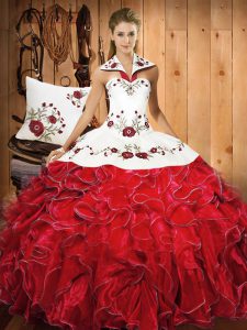 Fashion White And Red Satin and Organza Lace Up Vestidos de Quinceanera Sleeveless Floor Length Embroidery and Ruffles