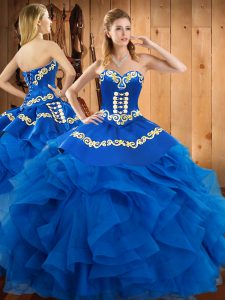 Sweetheart Sleeveless Satin and Organza Sweet 16 Dress Embroidery and Ruffles Lace Up