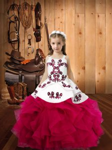 Sleeveless Organza Floor Length Lace Up Kids Pageant Dress in Fuchsia with Embroidery and Ruffles