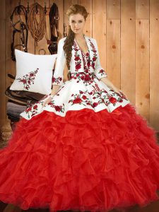 Sexy Red Sleeveless Floor Length Embroidery and Ruffles Lace Up 15th Birthday Dress