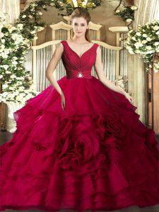 Great Red Ball Gowns V-neck Sleeveless Organza Floor Length Backless Beading and Ruffles Sweet 16 Dresses