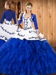 Blue And White Lace Up Strapless Embroidery and Ruffles Quinceanera Gowns Satin and Organza Sleeveless