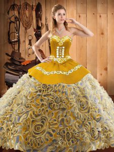 Sweetheart Sleeveless Quinceanera Dresses With Train Sweep Train Embroidery Multi-color Satin and Fabric With Rolling Flowers