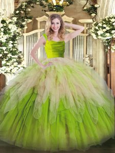 Hot Sale Yellow Green Organza Zipper Vestidos de Quinceanera Sleeveless Floor Length Lace and Ruffles