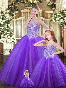 Admirable Purple Lace Up Sweetheart Beading Sweet 16 Quinceanera Dress Tulle Sleeveless