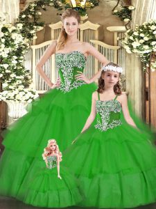 Green Organza Lace Up Ball Gown Prom Dress Sleeveless Floor Length Beading and Ruffled Layers