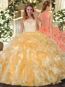 Fantastic Sleeveless Organza Floor Length Clasp Handle Sweet 16 Dress in Gold with Lace and Ruffles