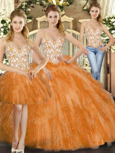 Glamorous Orange Red Organza Lace Up Straps Sleeveless Floor Length Sweet 16 Dresses Beading and Ruffles