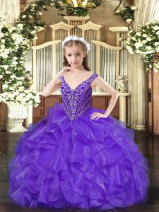 Discount Lavender Ball Gowns Beading and Ruffles Little Girls Pageant Dress Wholesale Lace Up Organza Sleeveless Floor Length