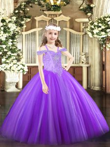 Modern Off The Shoulder Sleeveless Tulle Girls Pageant Dresses Beading Lace Up