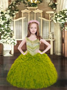 Discount Ball Gowns Girls Pageant Dresses Olive Green Scoop Organza Sleeveless Floor Length Lace Up