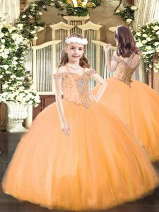 Low Price Orange Tulle Lace Up Off The Shoulder Sleeveless Floor Length Little Girls Pageant Gowns Beading