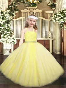 Yellow Sleeveless Floor Length Beading and Lace Zipper High School Pageant Dress