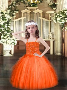 Charming Orange Red Tulle Lace Up Little Girl Pageant Dress Sleeveless Floor Length Beading and Ruffles