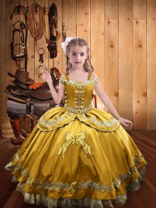 Custom Designed Gold Little Girl Pageant Gowns Sweet 16 and Quinceanera with Beading and Embroidery Off The Shoulder Sleeveless Lace Up