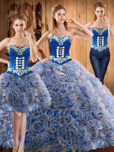 Colorful Strapless Sleeveless Quinceanera Gown With Train Sweep Train Embroidery Multi-color Satin and Fabric With Rolling Flowers