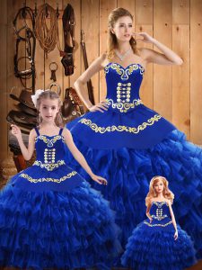 Fashionable Sweetheart Sleeveless Sweet 16 Quinceanera Dress Floor Length Embroidery and Ruffled Layers Blue Satin and Organza