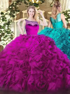 Cute Scoop Sleeveless Fabric With Rolling Flowers Quinceanera Gowns Beading Zipper