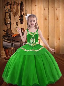 Green Lace Up Girls Pageant Dresses Embroidery Sleeveless Floor Length