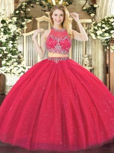 Excellent Coral Red Zipper Scoop Beading Sweet 16 Dress Tulle Sleeveless
