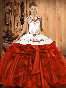 Rust Red Sweet 16 Dress Military Ball and Sweet 16 and Quinceanera with Embroidery and Ruffles Halter Top Sleeveless Lace Up