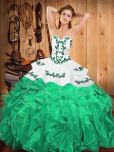 Turquoise Sleeveless Satin and Organza Lace Up Ball Gown Prom Dress for Military Ball and Sweet 16 and Quinceanera