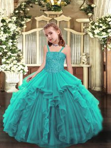 Attractive Teal Ball Gowns Straps Sleeveless Organza Floor Length Lace Up Beading and Ruffles High School Pageant Dress