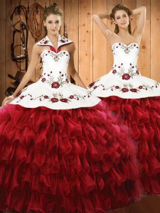 Custom Designed Wine Red Ball Gowns Halter Top Sleeveless Organza Floor Length Lace Up Embroidery and Ruffled Layers Vestidos de Quinceanera