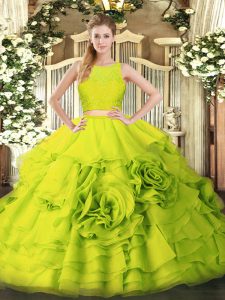 Floor Length Yellow Green Quinceanera Dress Tulle Sleeveless Ruffles