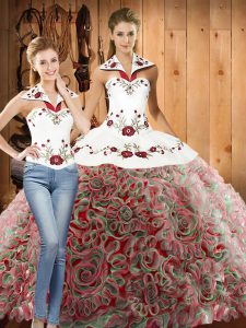 Gorgeous Fabric With Rolling Flowers Halter Top Sleeveless Sweep Train Lace Up Embroidery Sweet 16 Dresses in Multi-color