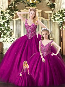 Hot Selling Floor Length Lace Up Ball Gown Prom Dress Fuchsia for Military Ball and Sweet 16 and Quinceanera with Beading