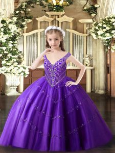 Modern Purple V-neck Neckline Beading and Appliques Child Pageant Dress Sleeveless Lace Up