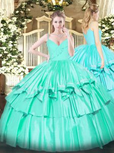 Sleeveless Taffeta Floor Length Zipper 15 Quinceanera Dress in Turquoise with Ruffled Layers