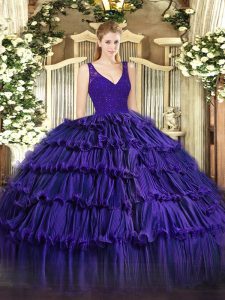Eye-catching Purple Backless Quince Ball Gowns Beading and Lace and Ruffled Layers Sleeveless Floor Length