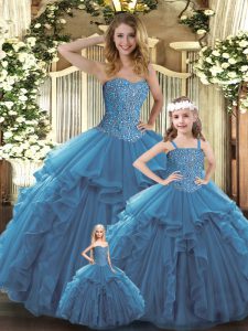 Simple Teal Sleeveless Organza Lace Up Sweet 16 Quinceanera Dress for Military Ball and Sweet 16 and Quinceanera