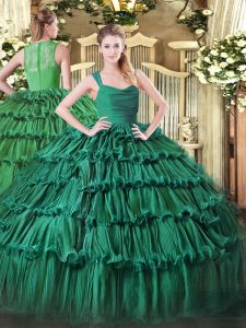 Classical Green Ball Gowns Ruffled Layers Quinceanera Gowns Zipper Organza Sleeveless Floor Length
