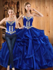 Royal Blue Lace Up Quinceanera Gowns Embroidery and Ruffles Sleeveless Floor Length
