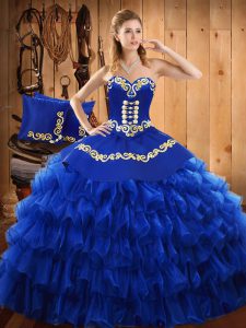 Most Popular Satin and Organza Sleeveless Floor Length Quinceanera Dresses and Embroidery and Ruffled Layers