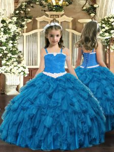 Custom Design Floor Length Blue Girls Pageant Dresses Organza Sleeveless Appliques and Ruffles