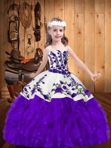 Purple Ball Gowns Straps Sleeveless Organza Floor Length Lace Up Embroidery and Ruffles Pageant Dress Toddler