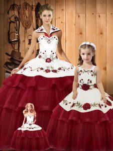 Fantastic Wine Red Ball Gowns Satin and Organza Halter Top Sleeveless Embroidery and Ruffled Layers Lace Up 15 Quinceanera Dress Brush Train