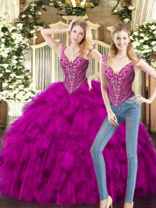 Chic Sleeveless Floor Length Beading and Ruffles Lace Up Sweet 16 Quinceanera Dress with Fuchsia